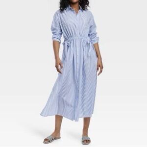 Nautical Beach Preppy Maxi Midi Cinch Waist Shirt Dress Womens XL Blue Slits